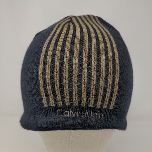 Calvin Klein Men's Beanie Hat Black 100% Acrylic Striped Spell Out - Picture 9 of 13